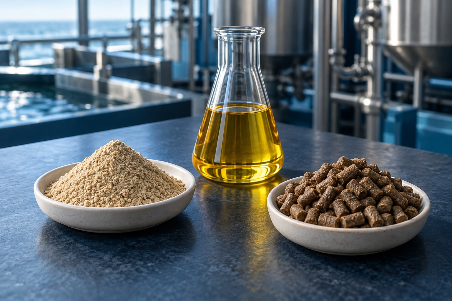 تصویر مفهومی پودر ماهی، روغن ماهی و خوراک آبزیان روی میز آزمایشگاهی